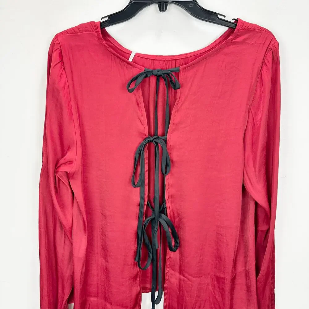 Free People Arabella Blouse Rubies Red Satin Long Sleeve Bow Back Medium NWT